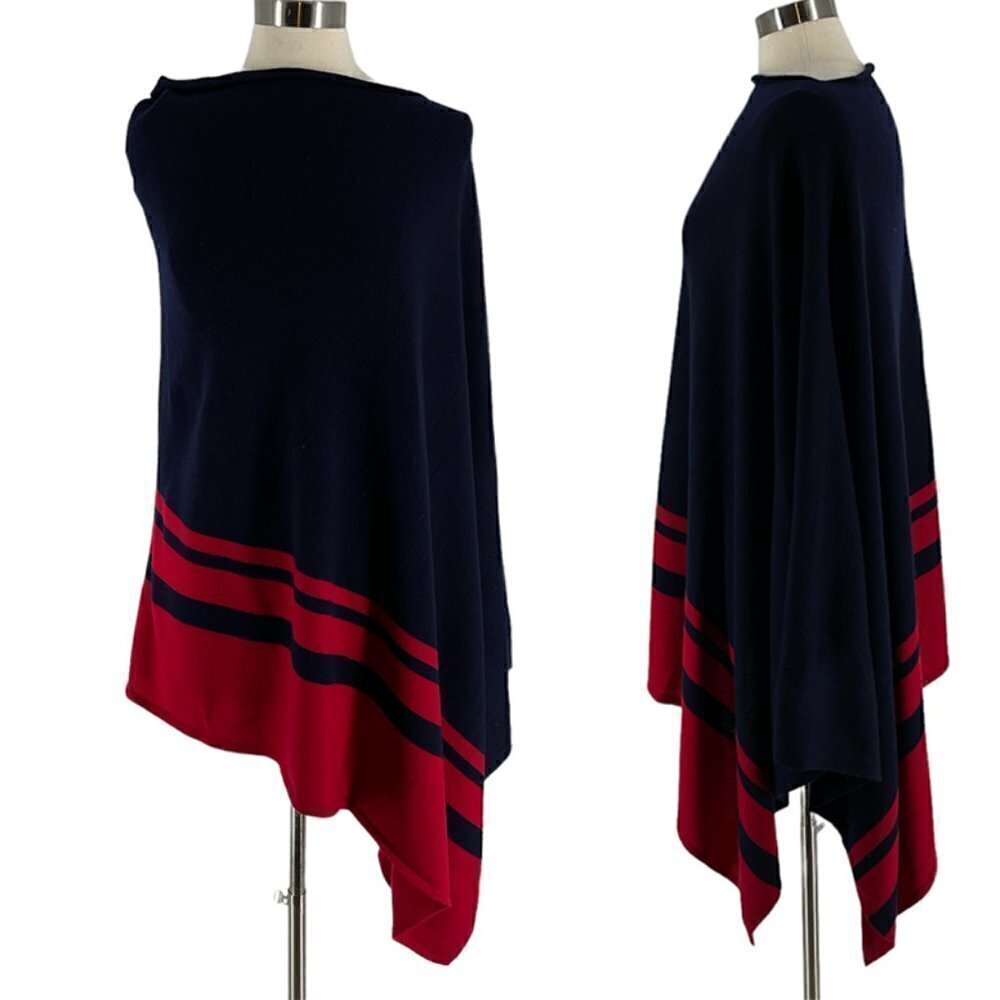 Hobbs London Long Asymmetric Navy Red Stripe Cashmere-Blend Poncho M/L